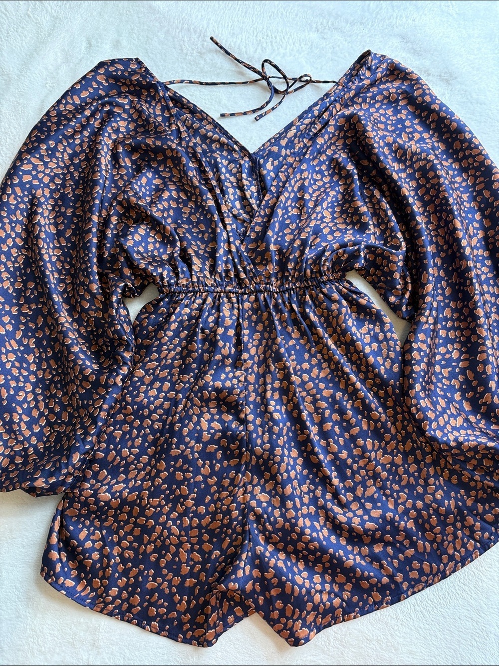 Glam Navy & Copper Leopard Print Long Sleeve Romper Open Back Boho Playsuit NWT - Picture 6 of 14